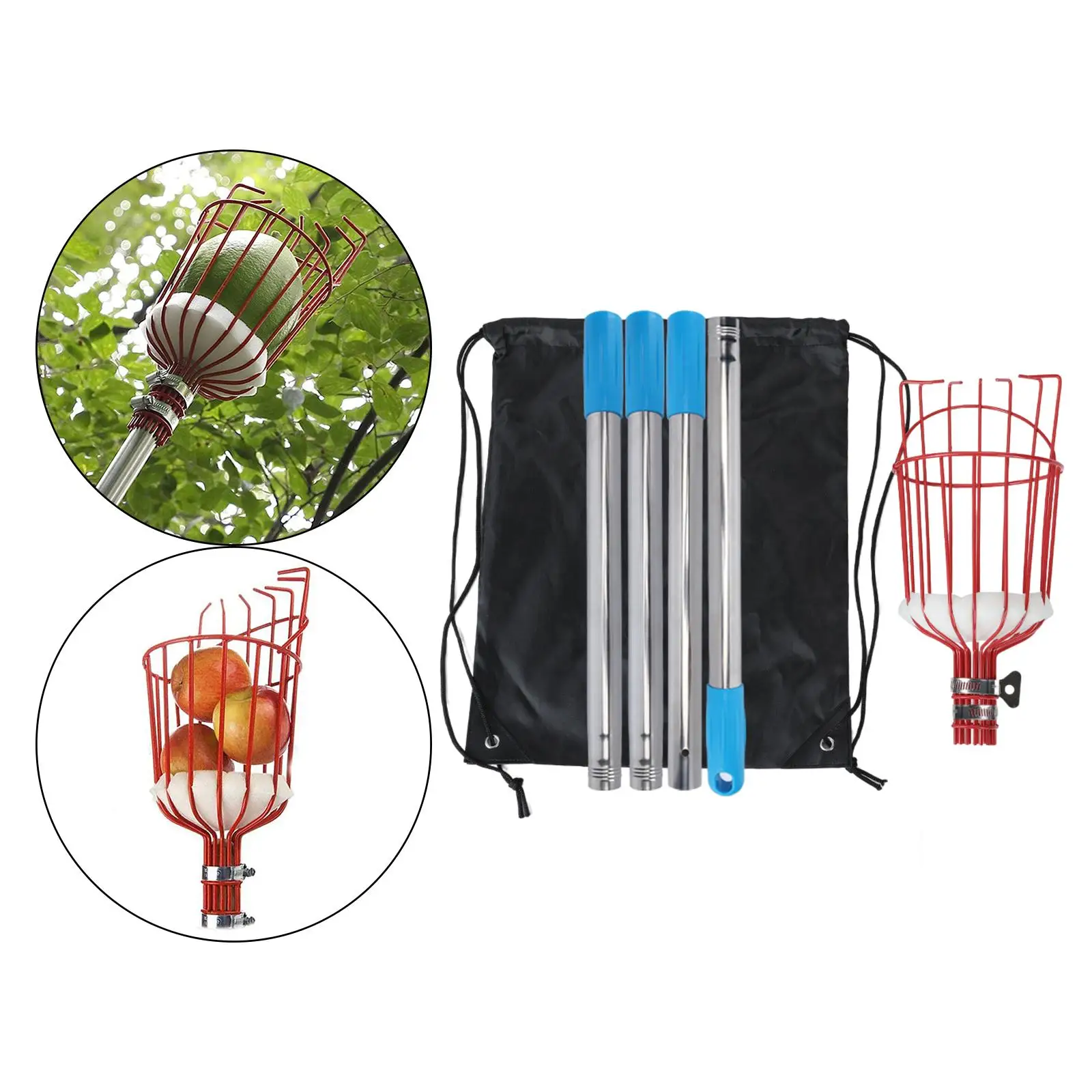 Heavy Duty Fruit Picker Tool Extension Pole with Metal Basket & Foam Pad Orange Picking Catcher for Getting Fruit Fruit Picking