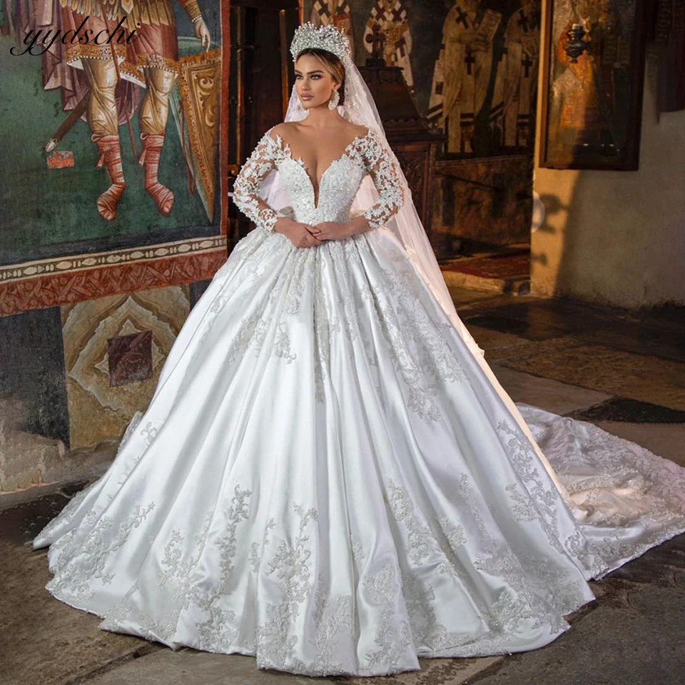 Vestido De Novia De satén De princesa De lujo personalizado, Vestido De Novia De encaje con perlas y cuello transparente, Vestido De Novia blanco, 2025