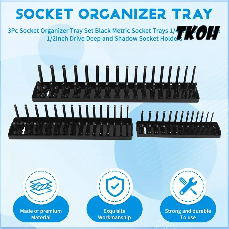 

TKOH-3Pc Socket Organizer Tray Set Socket Trays 1/4Inch 3/8Inch & 1/2Inch Drive Deep And Shadow Socket Holders