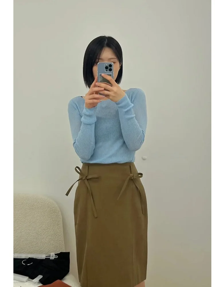 تنورة Sle عالية الخصر متوسطة الطول مع ربطة عنق على كلا الجانبين، تنورة لطيفة من القطن Ci للتنقل للنساء #5