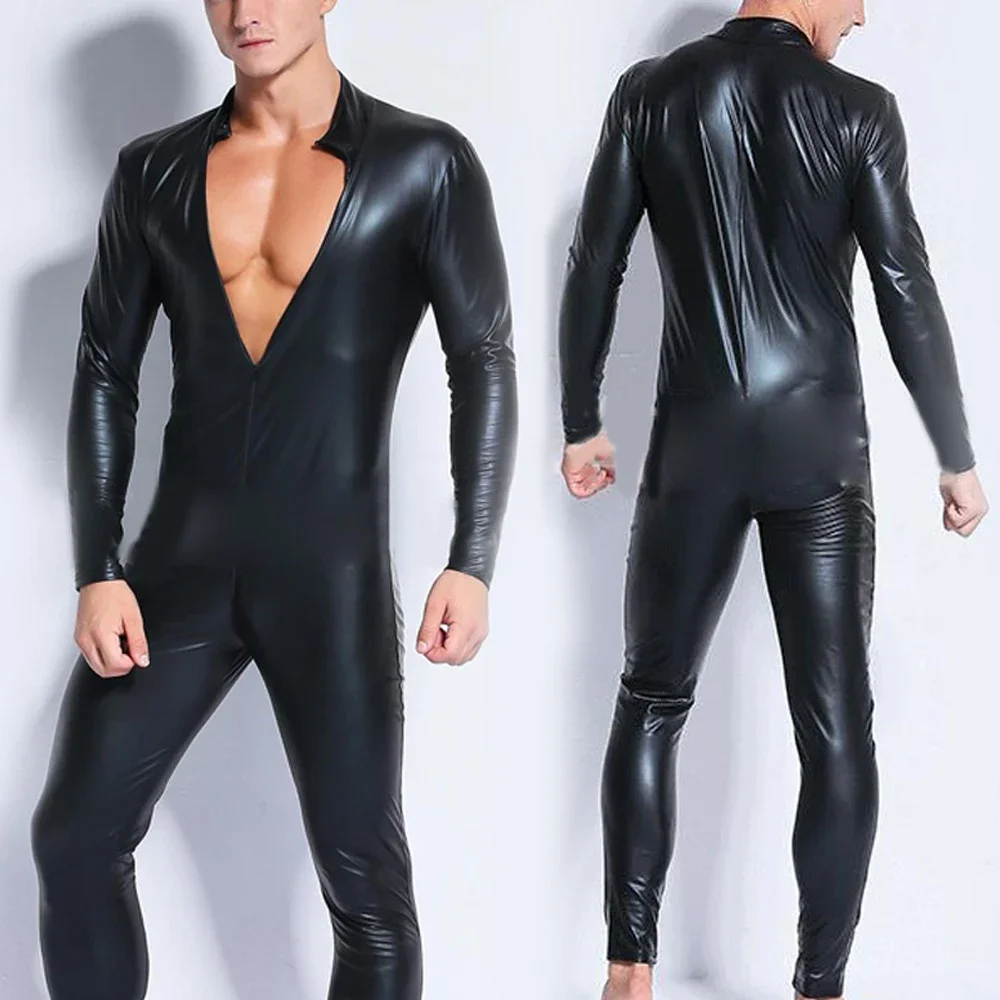 Romper Jumpsuit ️Men hitam Bodysuit Clubwear modis Leotard kulit paten Wetlook baru nyaman