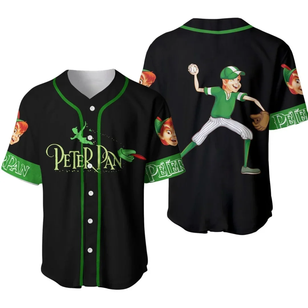 Disney Peter Pan Baseball Jersey Heren Dames Korte Mouw Knoop Jersey Aangepaste Naam Disney Baseball Jersey Casual Sportshirt