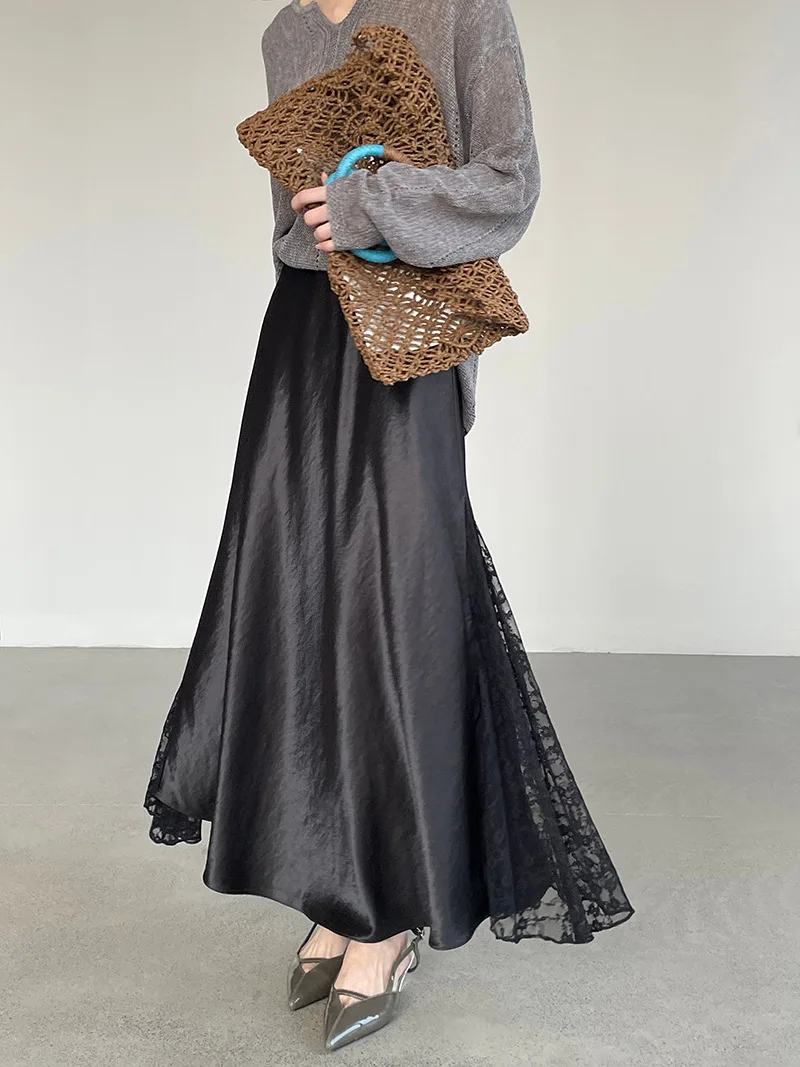 Elegant Satin Lace Midi Maxi Skirt Women Spliced Big Swing Flowy A‑Line Long Skirt