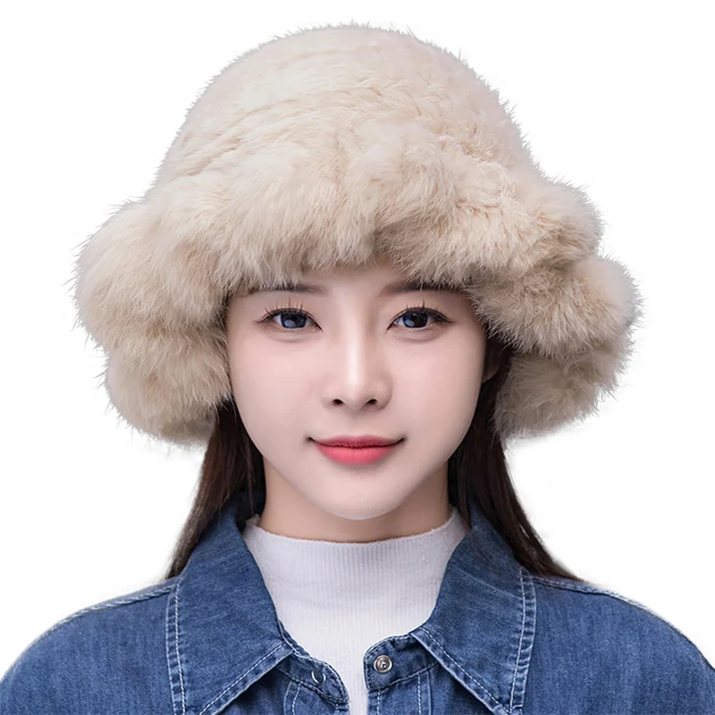 Fashionable Fluffy Ladies Genuine Fur Beanie Super Soft Women Winter Hat Super Natural Real Fur Knitted Cap