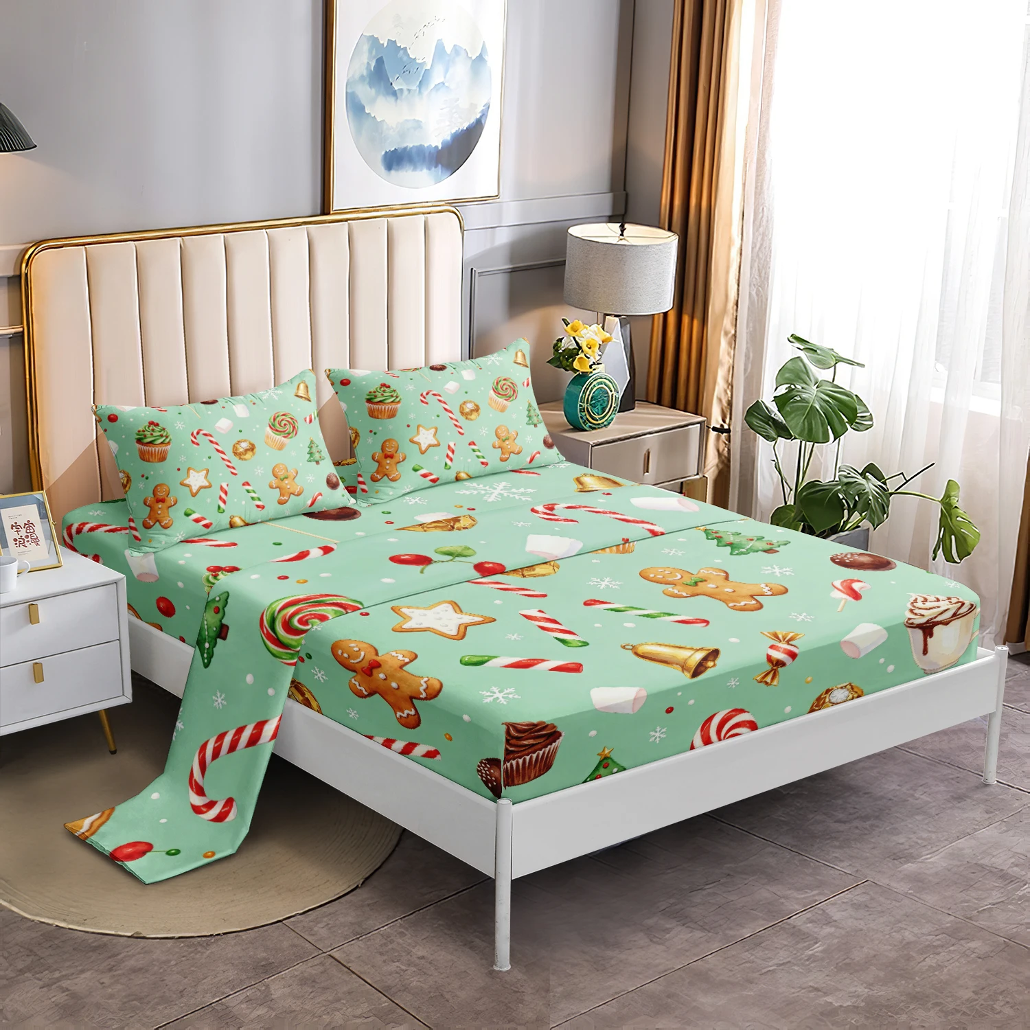 4Pcs Mint Green Gingerbread Candy Christmas Bedding, Gingerbread Man Cupcake Cane Bell Snowflake Print Fitted Sheet Flat Sheet