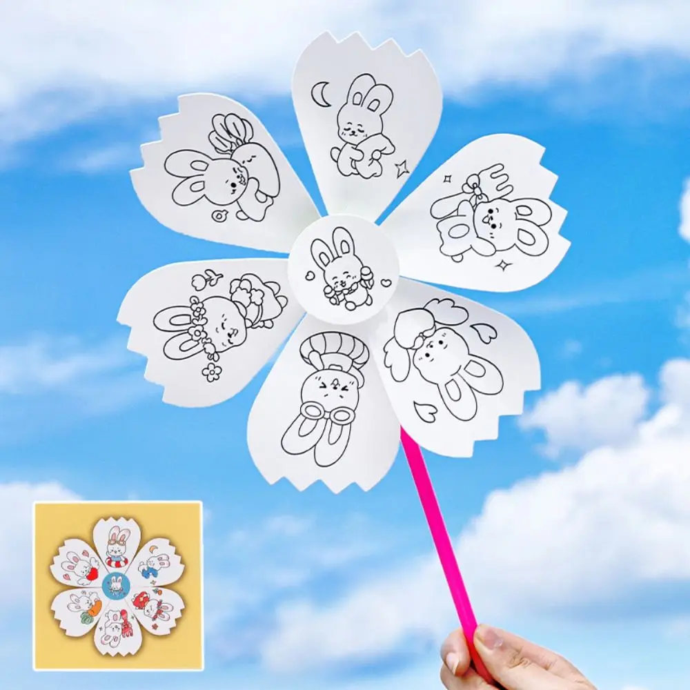 Flower DIY Color Filling Windmill Toy Space Rabbit Handmade Art Painting Winnower Educational Painted Blank Windmill Toy Kids