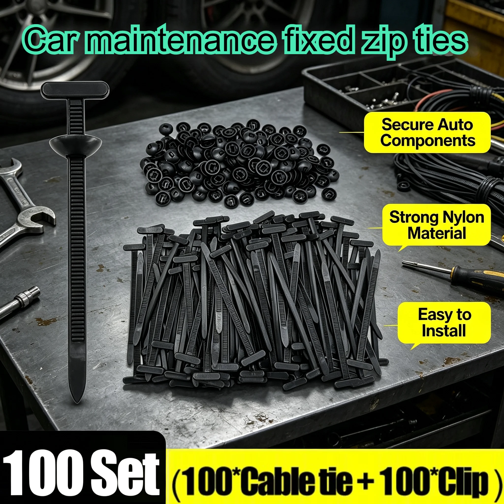 New 100-1Set Self-locking Universal Nylon Cable Tie Buckle Heavy Duty Zip Ties with Pin & Button Car Repair Fastening Strap