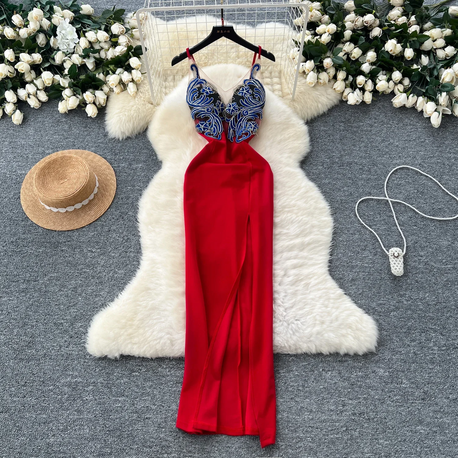 Elegant V-neck Vintage Embroidered Spliced Chic High Waist Split Slim Straps Dresses French Evening High Street Summer Clothing