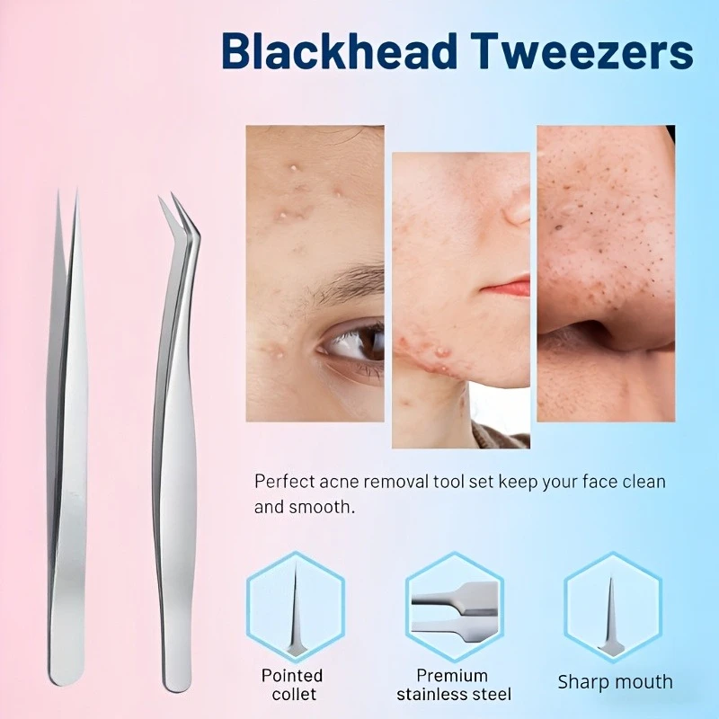 1/2/3pcs Professional Stainless Steel Tweezer Set Blackhead Removal Tool for Facial Blemish Cleansing,Precision Pimple Extractor