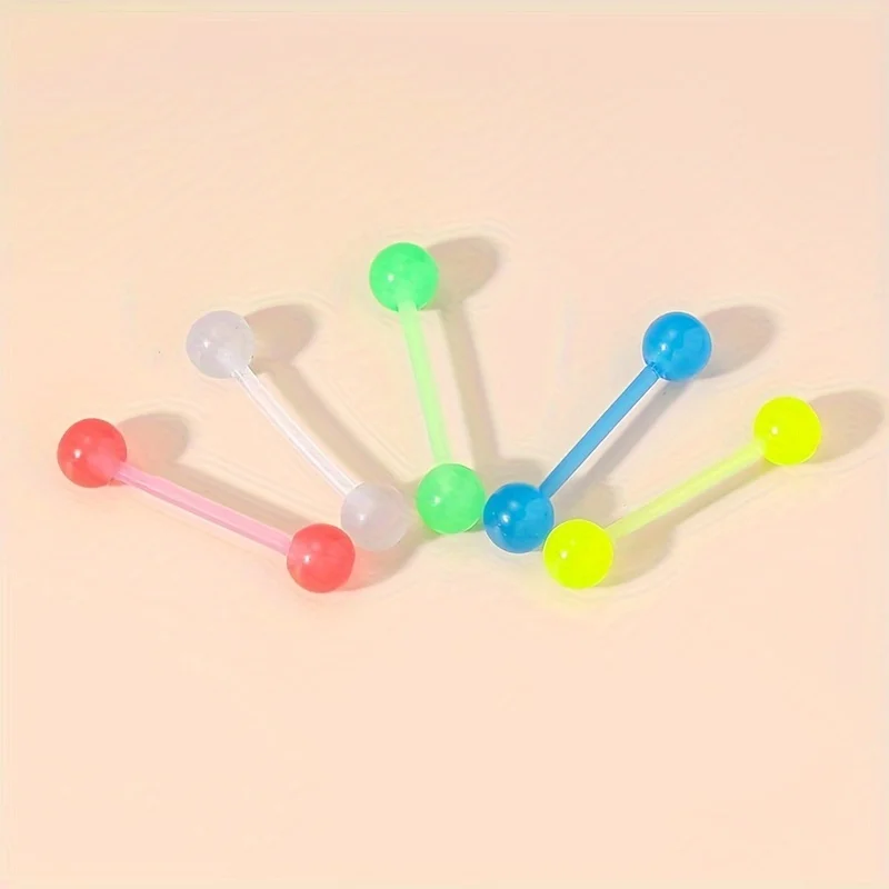 5pcs Fashion 5 Color Tongue Nails Acrylic Round Ball Luminous Piercing Tongue Ring Punk Style Body Jewelry Glow