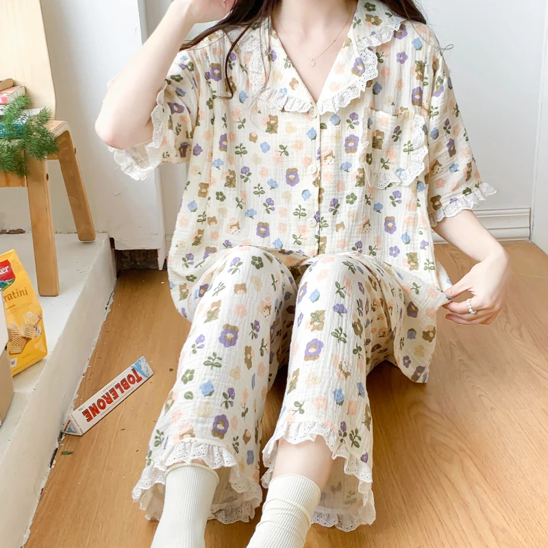 100% Gauze Cotton Maternity Nursing Sleepwear Sets Summer Thin Pajamas Clothes for Pregnant Women Pregnancy Sleep Home Hospital