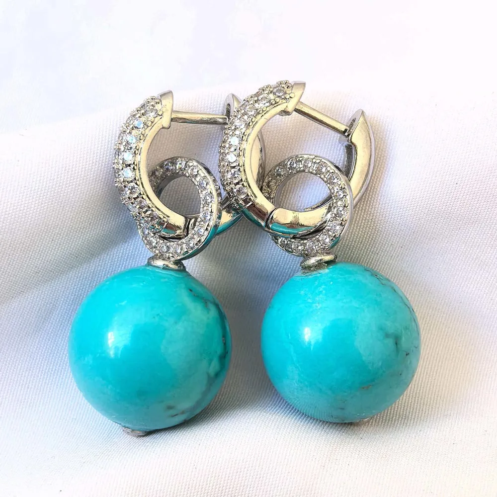 

Z14343 16mm Blue Round Magnetization Turquoise Gemstone Dangle Earring CZ