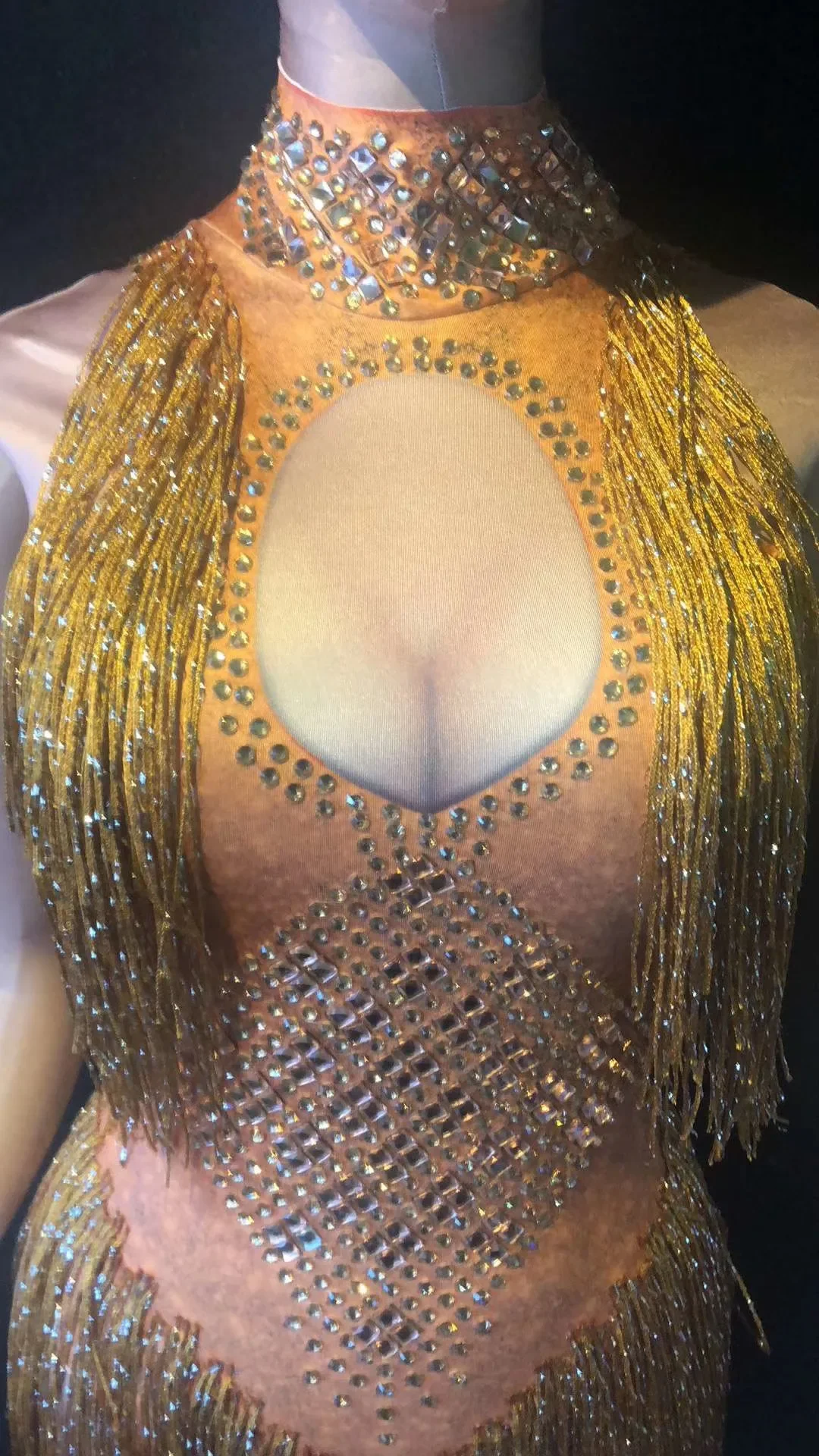 Body da donna senza maniche con frange scintillanti con strass Costumi da discoteca elastici skinny Abiti da performance sul palco di danza jazz