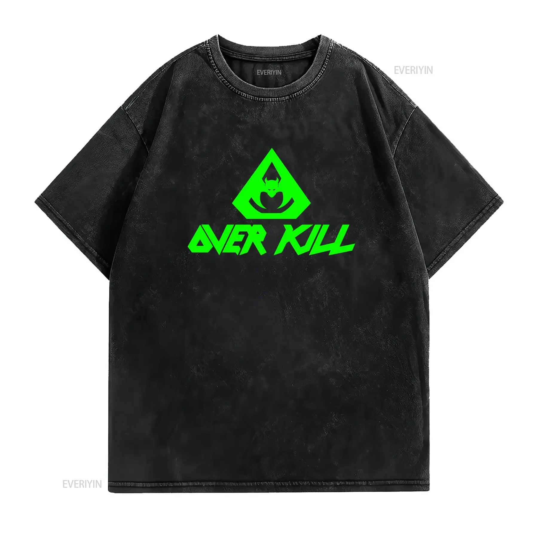 Streetwear Cool Neon Green Overkill Devil Print Casual T Shirt vintage Washed graphic Stretched Comfortable fashion