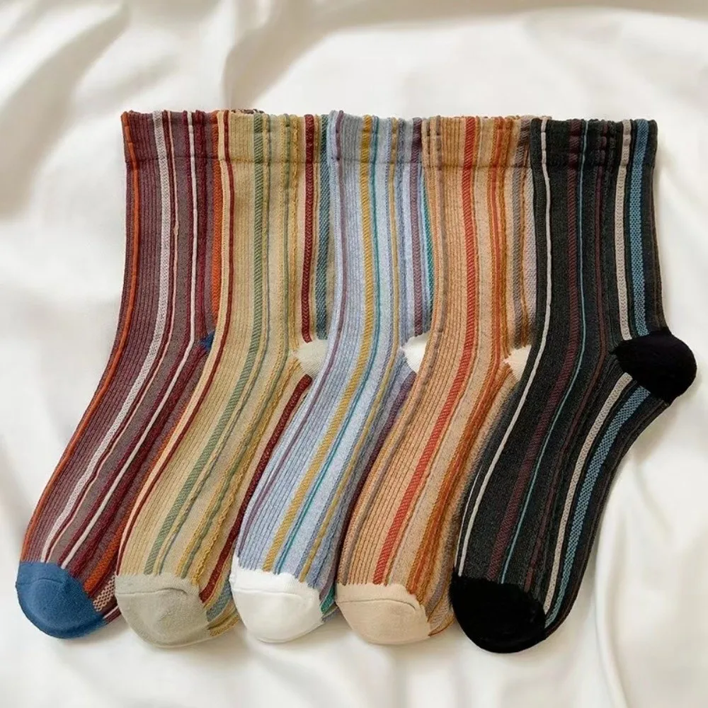 5 Pair Fashion Retro Harajuku Socks Colorful Striped Korean Style Crew Socks Breathable Soft Striped Socks for Women