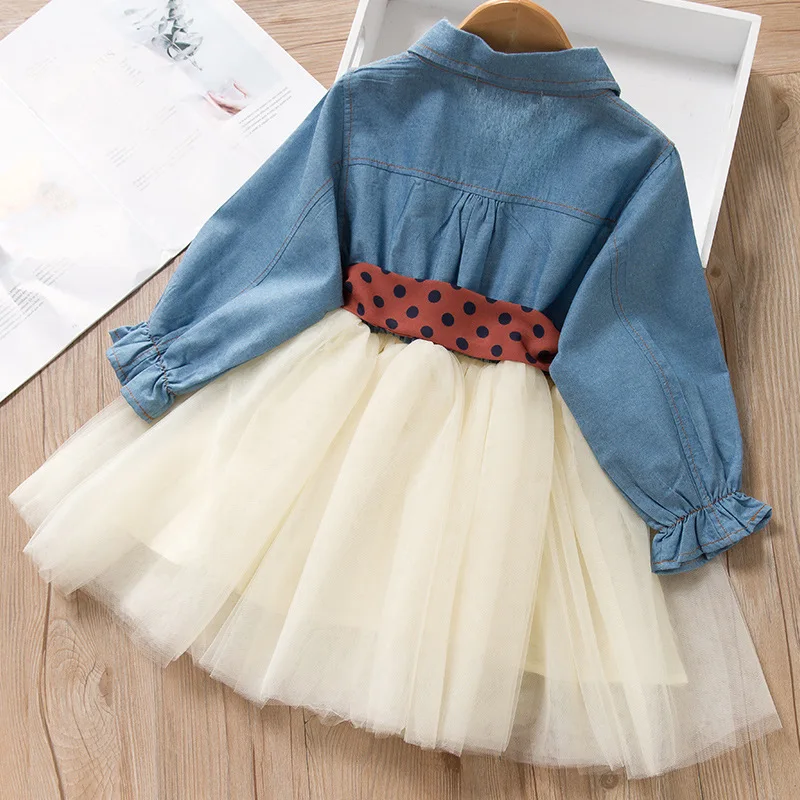 Spring Autumn Girls Dress Korean Version Denim Stitching Mesh Dress + Detachable Polka Dot Belt Suit Dress