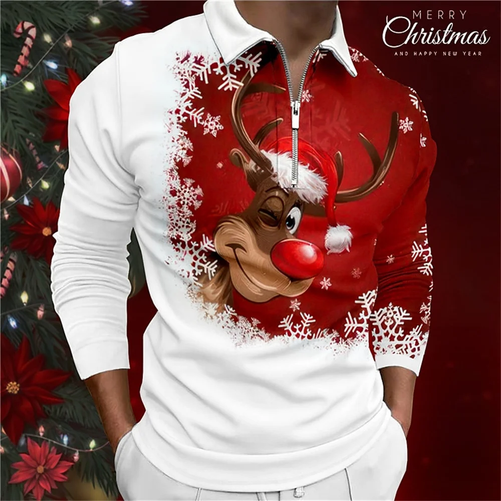 Polo para hombre con estampado gráfico de copo de nieve, camisa de Golf, ropa de calle de Navidad, manga larga, cremallera, moda, 3D