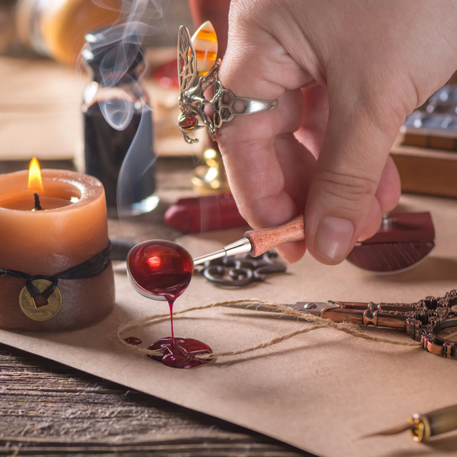 Cucchiaino per cera sigillante Manico in legno di rame Artigianato fai-da-te Sistema di fusione Cucchiai per fusione di cera Regalo perfetto Decorazioni fatte in casa