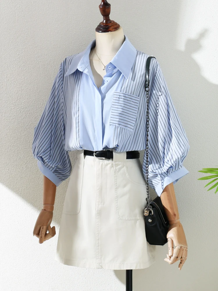 

High End Stripe Shirts Women Summer New Hong Kong Style Commute Pocket Lapel Tops Blue Single Breasted Loose Short Sleeve Coat