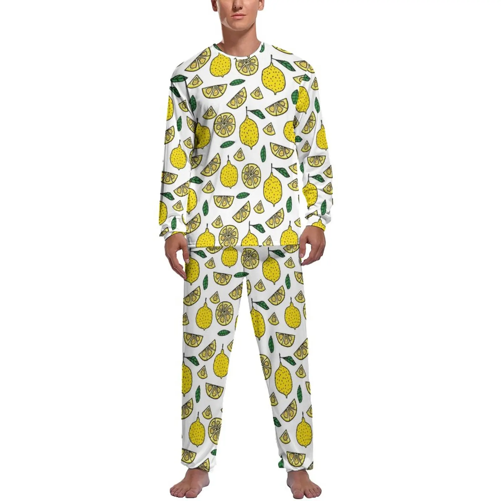 Lemon Pajamas Long Sleeves Food Fruit Leaf 2 Pieces Room Pajama Sets Daily Man Design Soft Sleepwear