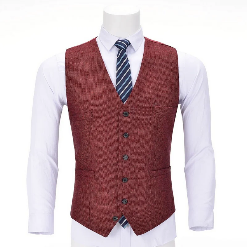 Herringbone Brown Men Vest Solid V Neck Herringbone Waistcoat For Wedding Business Birthday Banquet Work Set Men Suit Vest