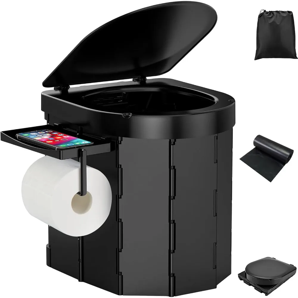 

Портативный походный туалет, складной туалет для взрослых со съемной полкой для телефона и держателем туалетной бумаги, водонепроницаемый портативный горшок