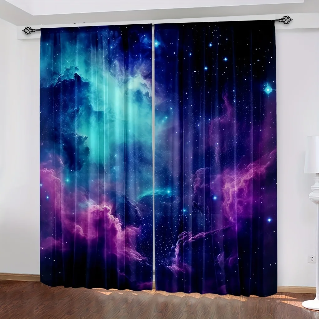 2pcs Blue Purple Galaxy Curtains Universe Fantasy Starry Sky Star Nebula Rod Pocket Outer Space Bedroom Decor.