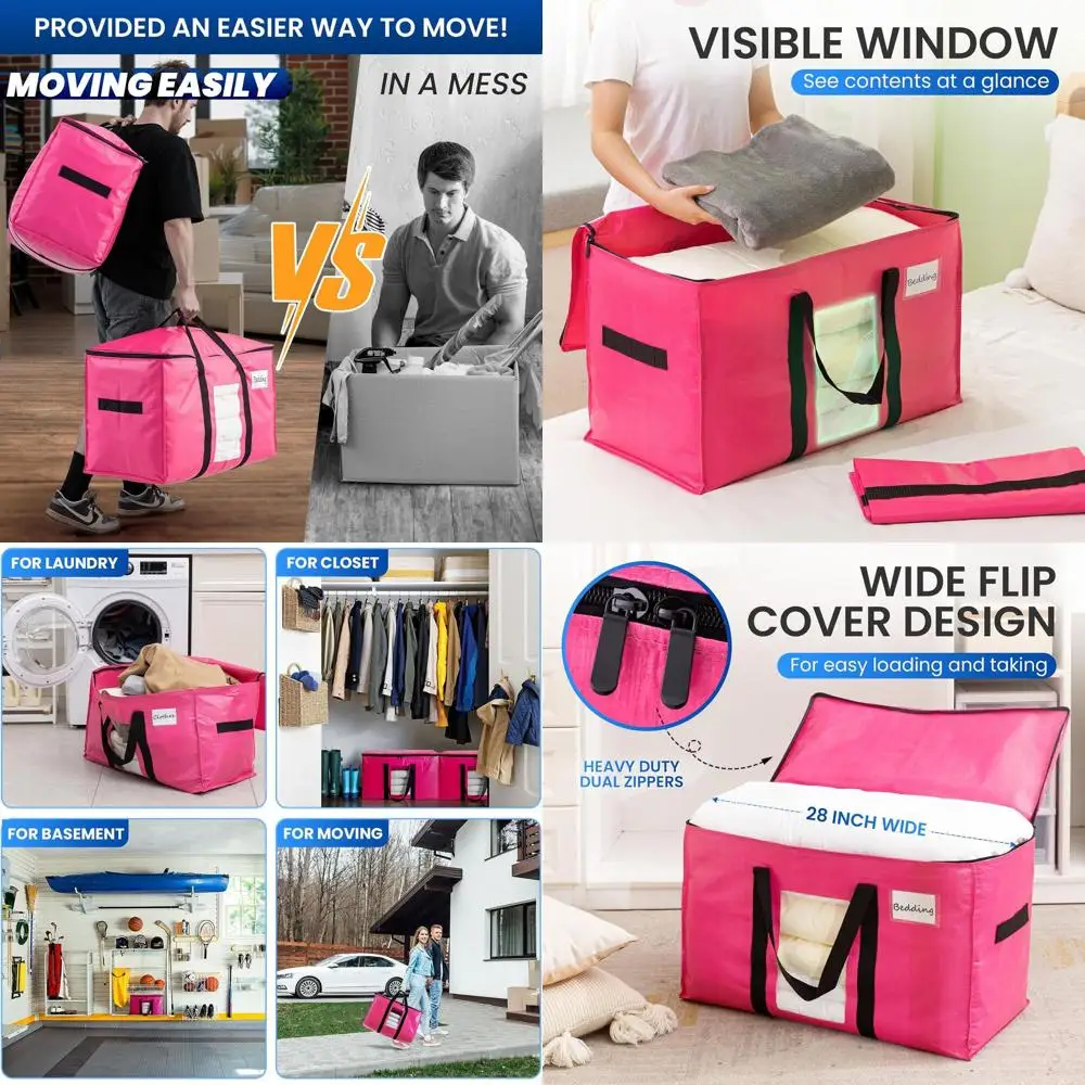 

Extra Large Pink Moving Bags, Heavy-Duty Storage Totes with Visible Window and Wrap Handles