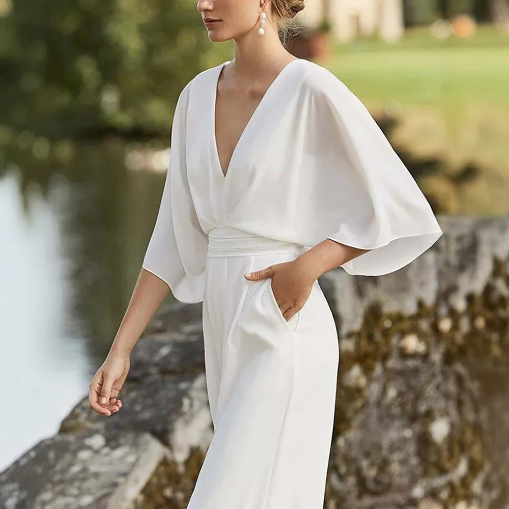 Kombinezony damskie na każdą porę roku, codzienne, podstawowe, jednokolorowe, luźne, z długim rękawem, dekolt w serek, pełna długość, szerokie nogawki, modne kombinezony.