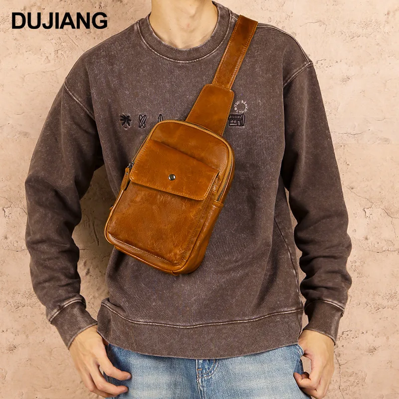 Genuine leather chest bag, men's crossbody bag, multi-functional wide shoulder strap, high-end men's single shoulder bag