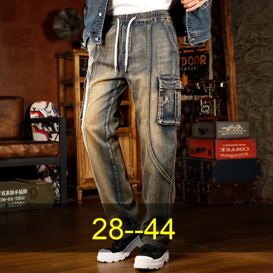

44 Plus Size Denim Pants Men Stretch Waist Jeans Moto Biker Vintage Jeans Fashion Casual Straight Jeans Pants Male Big Size