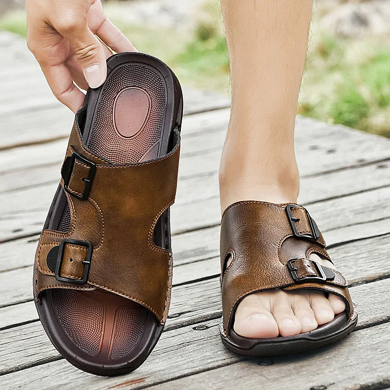 

2026 Summer Mens Genuine Leather Slippers Men Adjustable Slides Casual Sandals Comfortable Double-button one-shoulder slippers