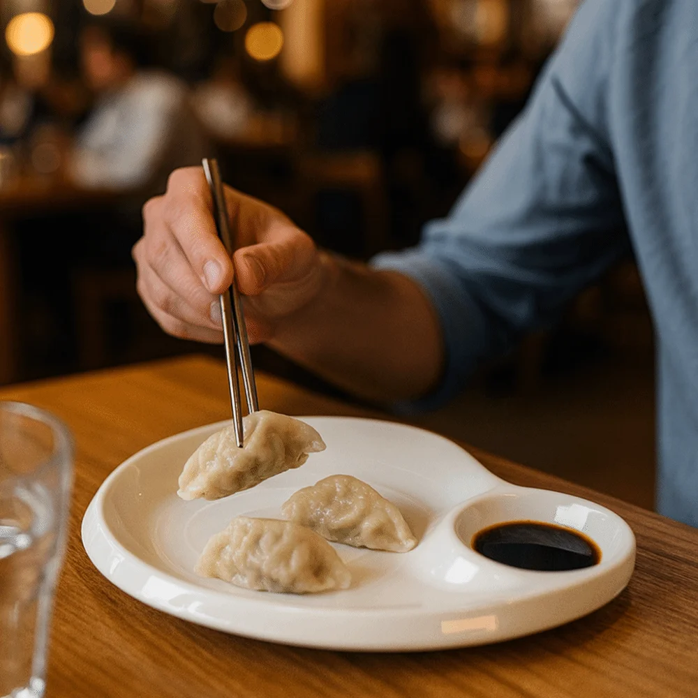 Plato de bola de masa de melamina, plato de Sushi grueso de cerámica de imitación, franjas de diferente Color con plato de vinagre, bandeja para patatas fritas