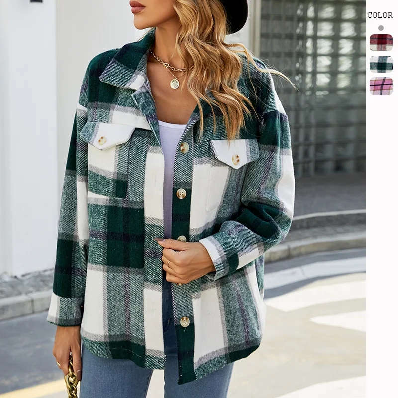 Independent Filming Of 2024 Women\'s Autumn And Winter New Plaid Jacket Casual Loose Pocket Woolen Shirt Jacket