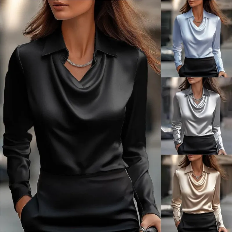 

2025 New Satin Women Shirt Vintage Long Sleeve Blouse Silk Elegant Womens Tops Commuting White Shirt Autumn Female Clothing