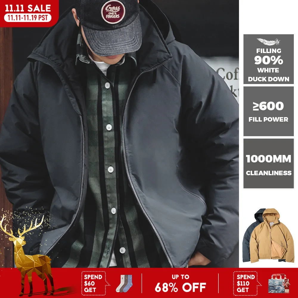 Maden Мужская куртка-пуховик с капюшоном для зимы Наполнитель белый утиный пух Толстая теплая верхняя одежда для улицы Куртка-папка для защиты от ветра Универсальная черная куртка