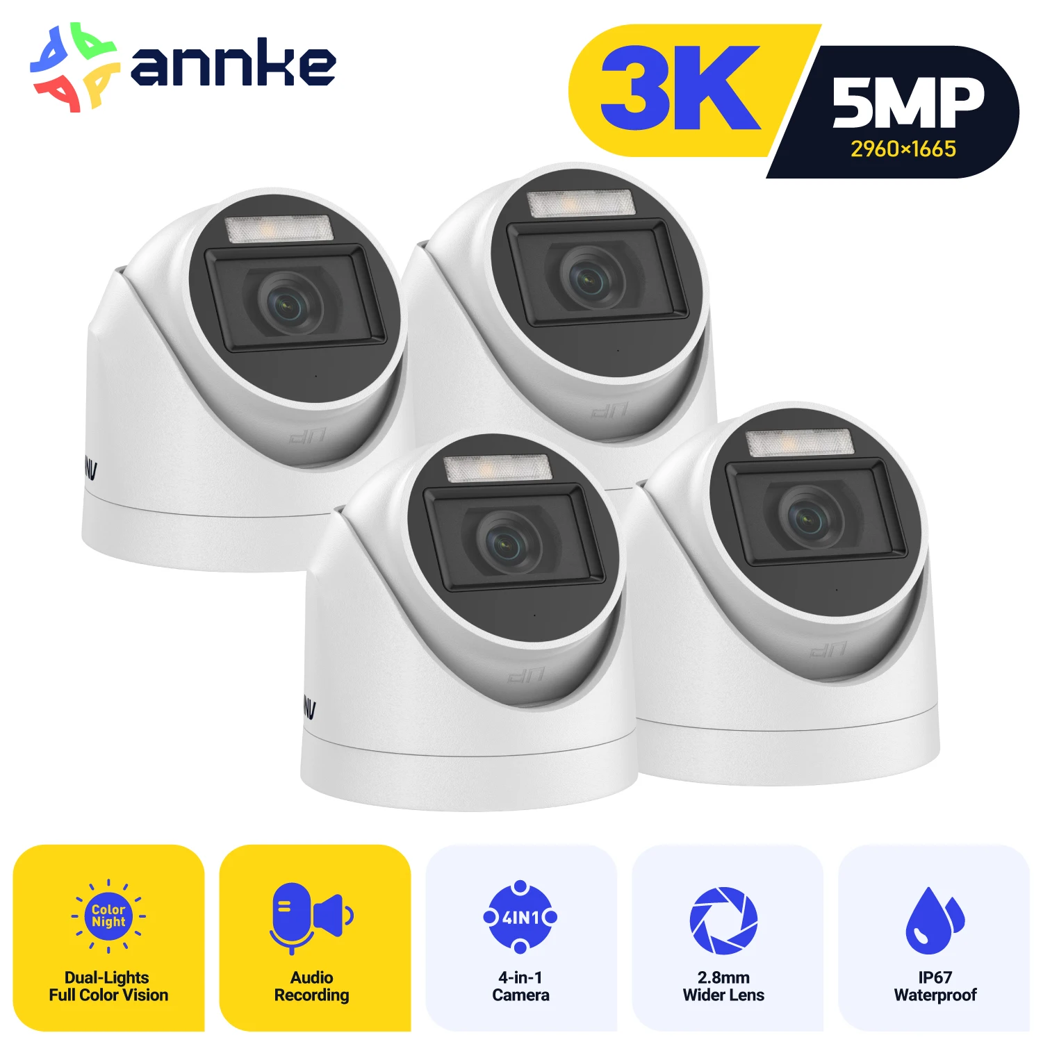 ANNKE 4Pcs 3K CCTV Wired Security Cameras Smart Dual Light Video Surveillance Camera 2.8MM Lens