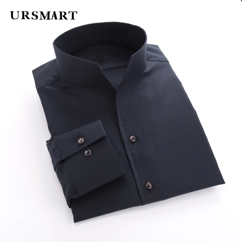 Standing collar men\'s long sleeved shirt with simple cuffs fashionable 100% cotton slim fit casual business shirt for men