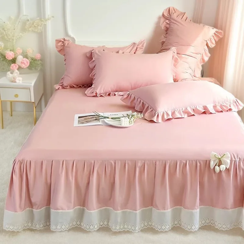 Bed Skirt Tencel Satin Patchwork Lace Bedspread, Single Piece Lace Cover Bedding Set, Bed Anti-Slip Mattress Protector