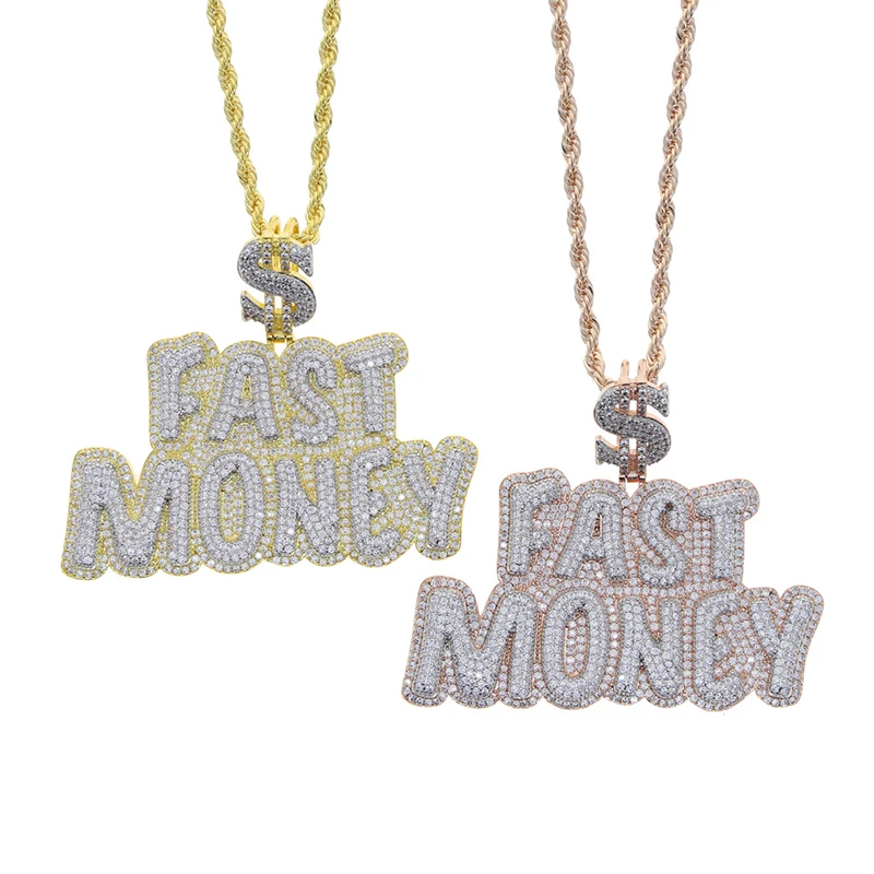 Hip Hop 3A+ CZ Stone Paved Bling Iced Out FAST MONEY LETTERS Pendants Necklaces for Men Rapper Jewelry Rose Gold Color