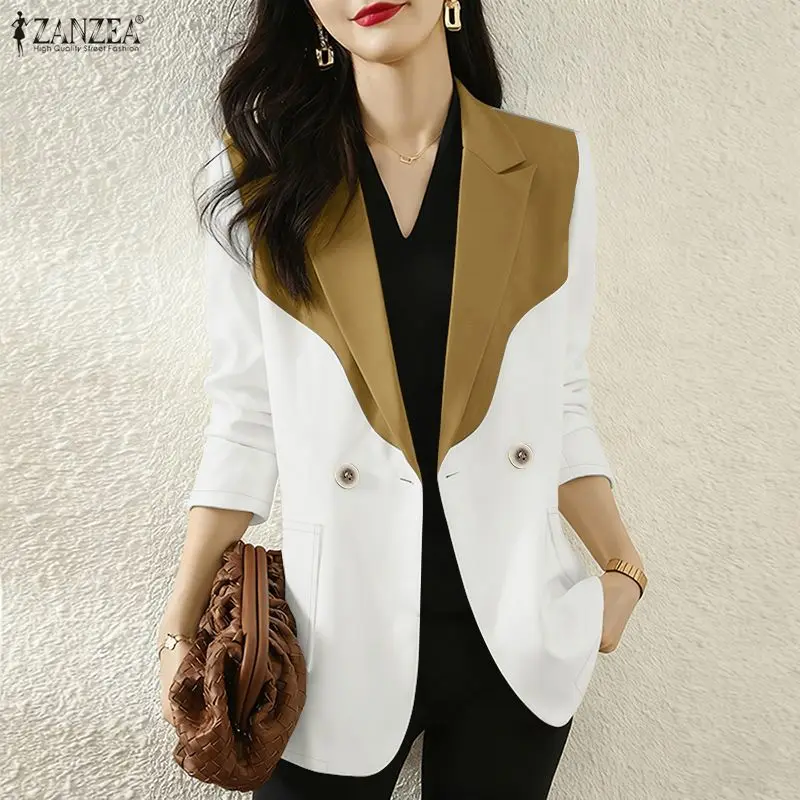 

ZANZEA офисный женский пиджак, стильный лоскутный OL, верхняя одежда, осень 2022, пиджак с лацканами и длинными рукавами, тонкие топы, весеннее пальто