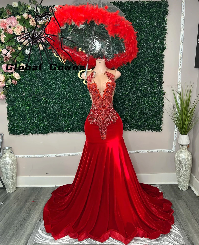 Vestido largo de fiesta de cumpleaños con cuentas de cristal para niñas negras, vestido de noche de sirena, vestido de fiesta de lujo, cuello redondo, rojo, personalizado