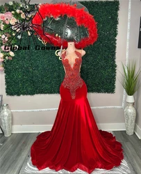 Luxury Red O Neck Long Prom Gowns For Black Girls Beaded Crystal Birthday Party Dresses Mermaid Evening Dress Robe Customized