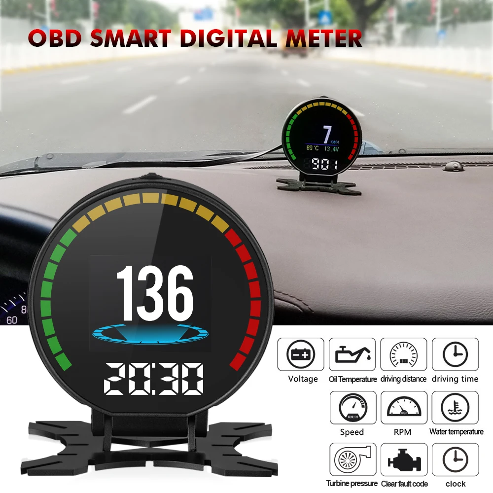 P15 Carro Head-Up Display Velocímetro, Smart Digital, Água Temp Gauge, Overspeed Aviso, Turbo Boost Pressure Meter, Speed Meter, OBD