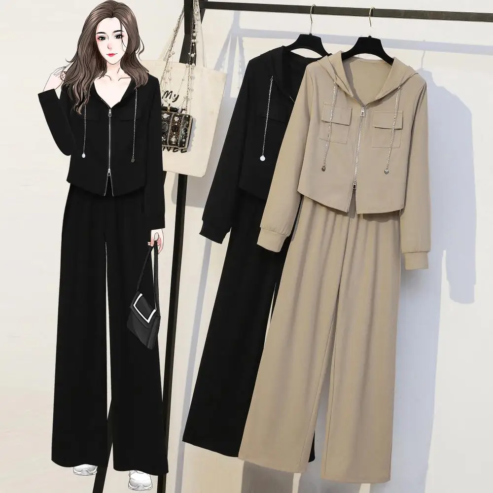 black Casual Sports Suit New Women\'s Loose and Age Reducing Thin Style Long Sleeved Hooded Sweatshirt Long Pants Two-piece Set