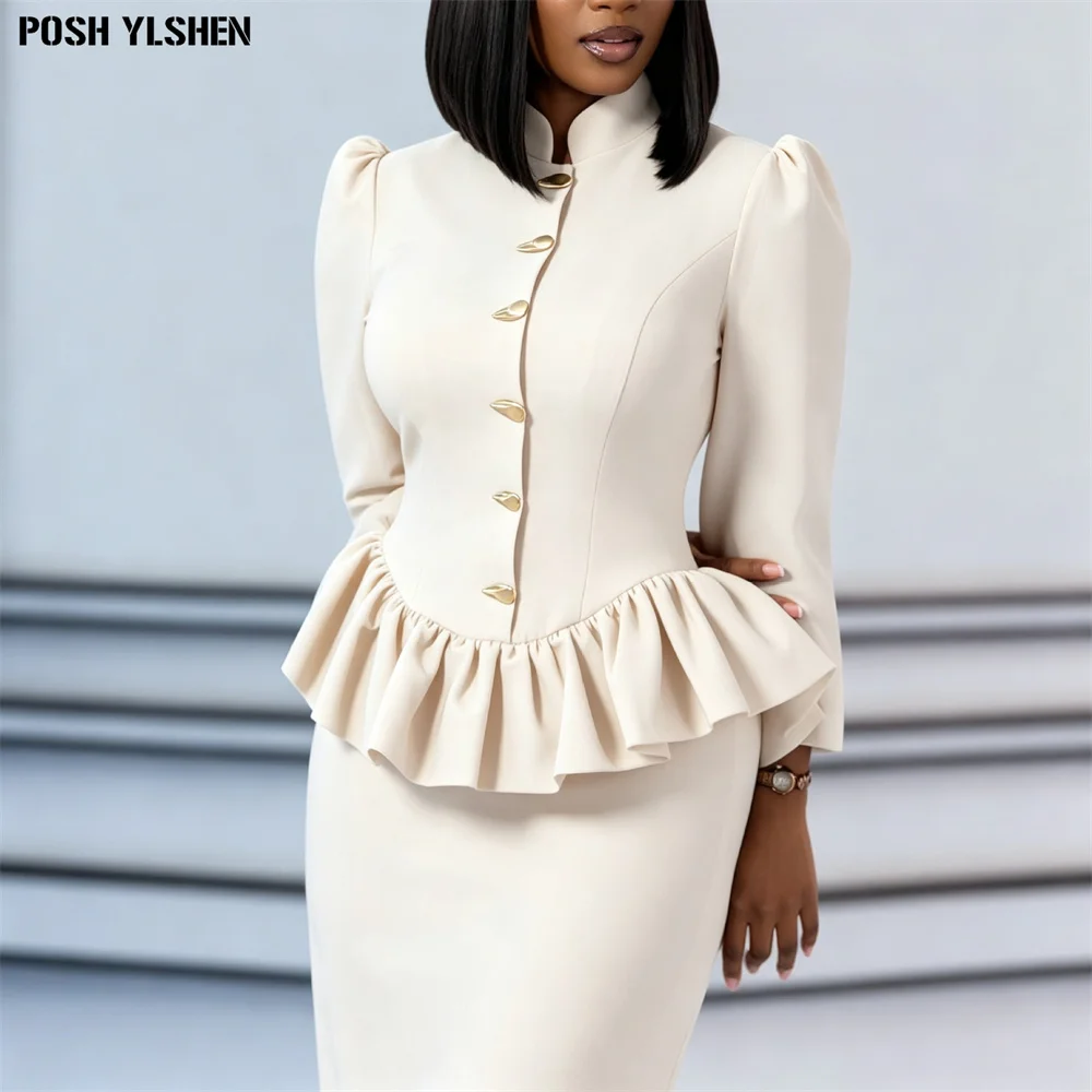 Women's Matching Sets Mandarin Stand Collar Peplum Top Long Sleeve Midi Bodycon Skirt 2026 Elegant Church Office Business Outfit
