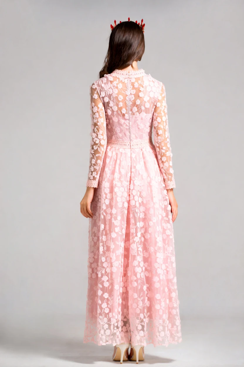 فستان ماكسي نسائي بأكمام طويلة من الدانتيل الوردي مع رقبة على شكل حرف V، فستان سهرة من التول مزين بالزهور ثلاثي الأبعاد، فساتين رسمية للأميرة الحلوة #4