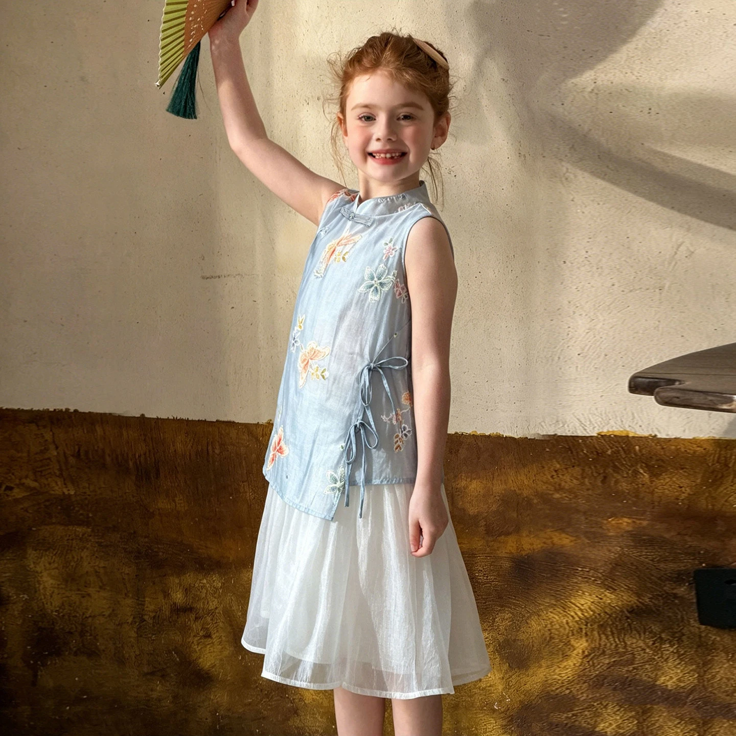 Girls New Chinese Style Dress Embroidered Cheongsam with Mandarin Collar & Frog Buttons Sleeveless A Line Princess Party Outfit