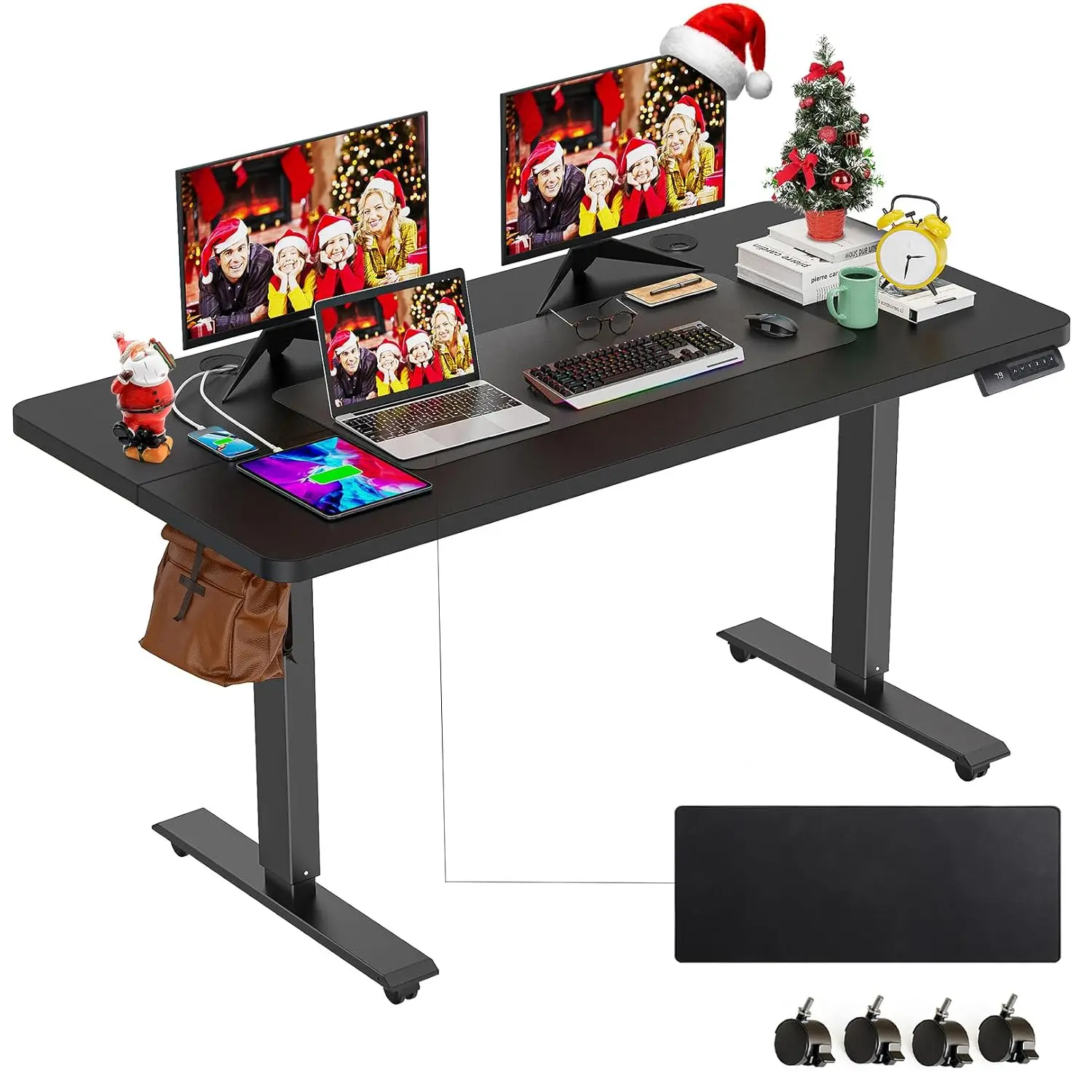 Electric Standing Desk Adjustable Height, 55 x 24 Inch Stand up Desk with Large Mouse Pad, Rolling Wheels & Foot, Customized
