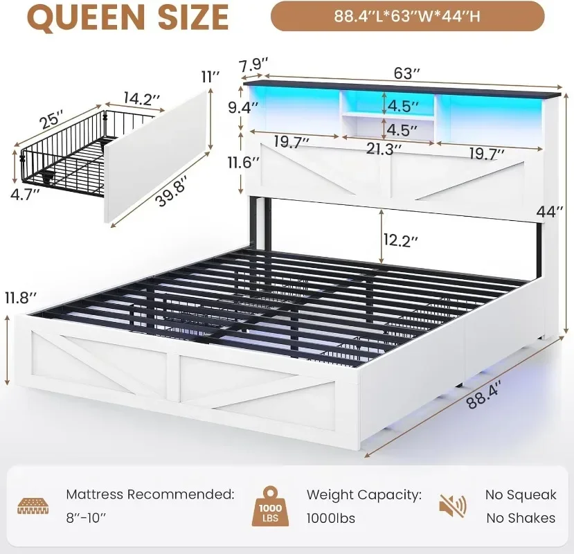 إطار سرير المزرعة بحجم كوين مع لوح رأسي لتخزين خزانة الكتب ومحطة شحن وأضواء LED وإطار سرير كوين خشبي مع 4 #2
